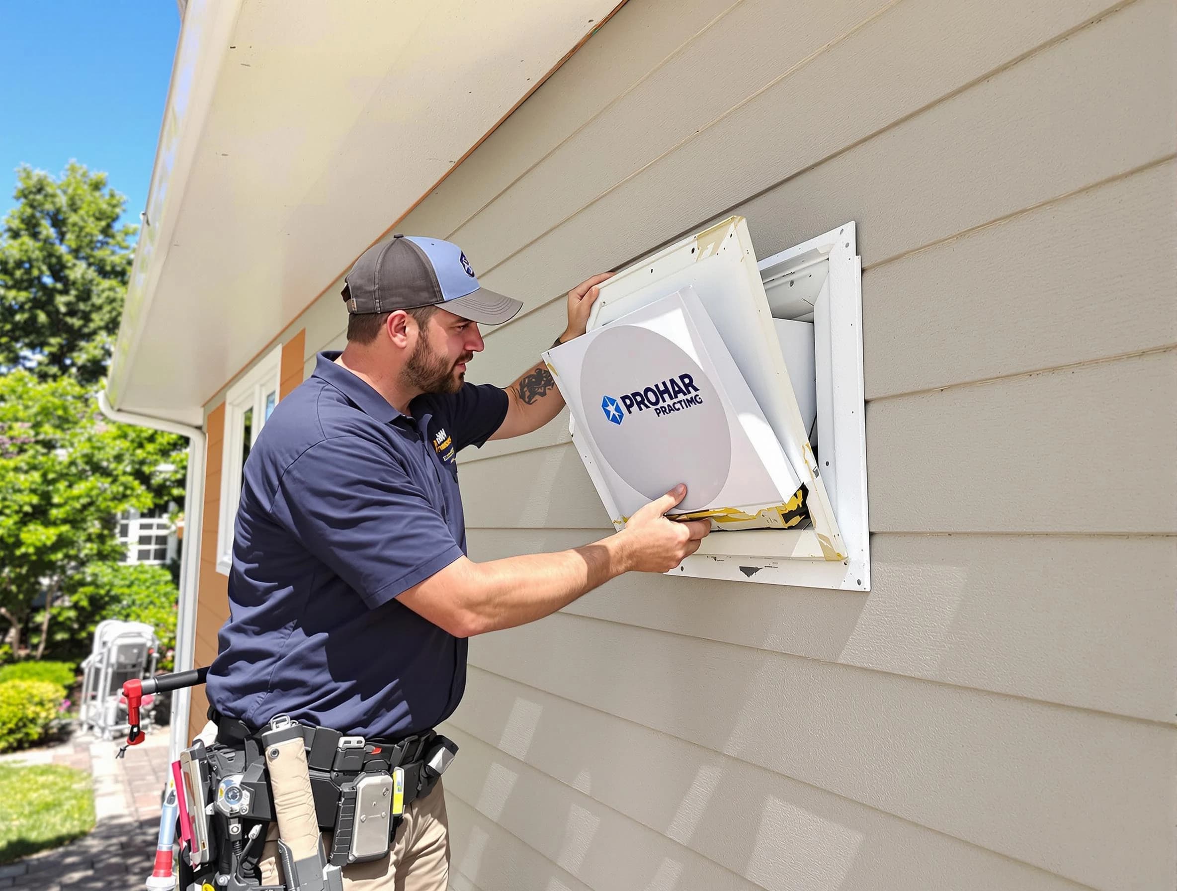Pine Dryer Vent Cleaning technician installing a new protective dryer vent cover on a home in Pine
