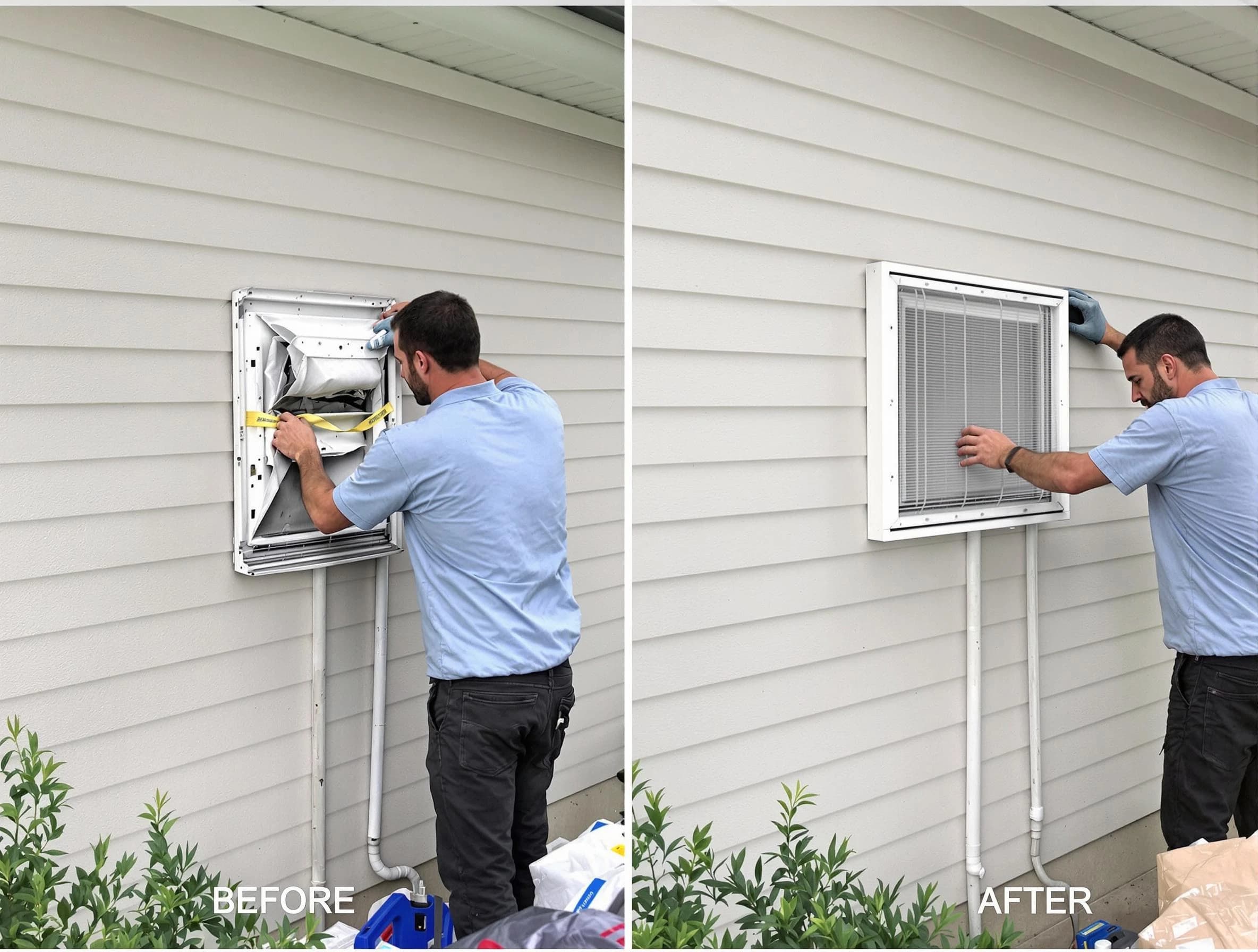 Pine Dryer Vent Cleaning technician installing high-quality dryer vent cover at a residential property in Pine