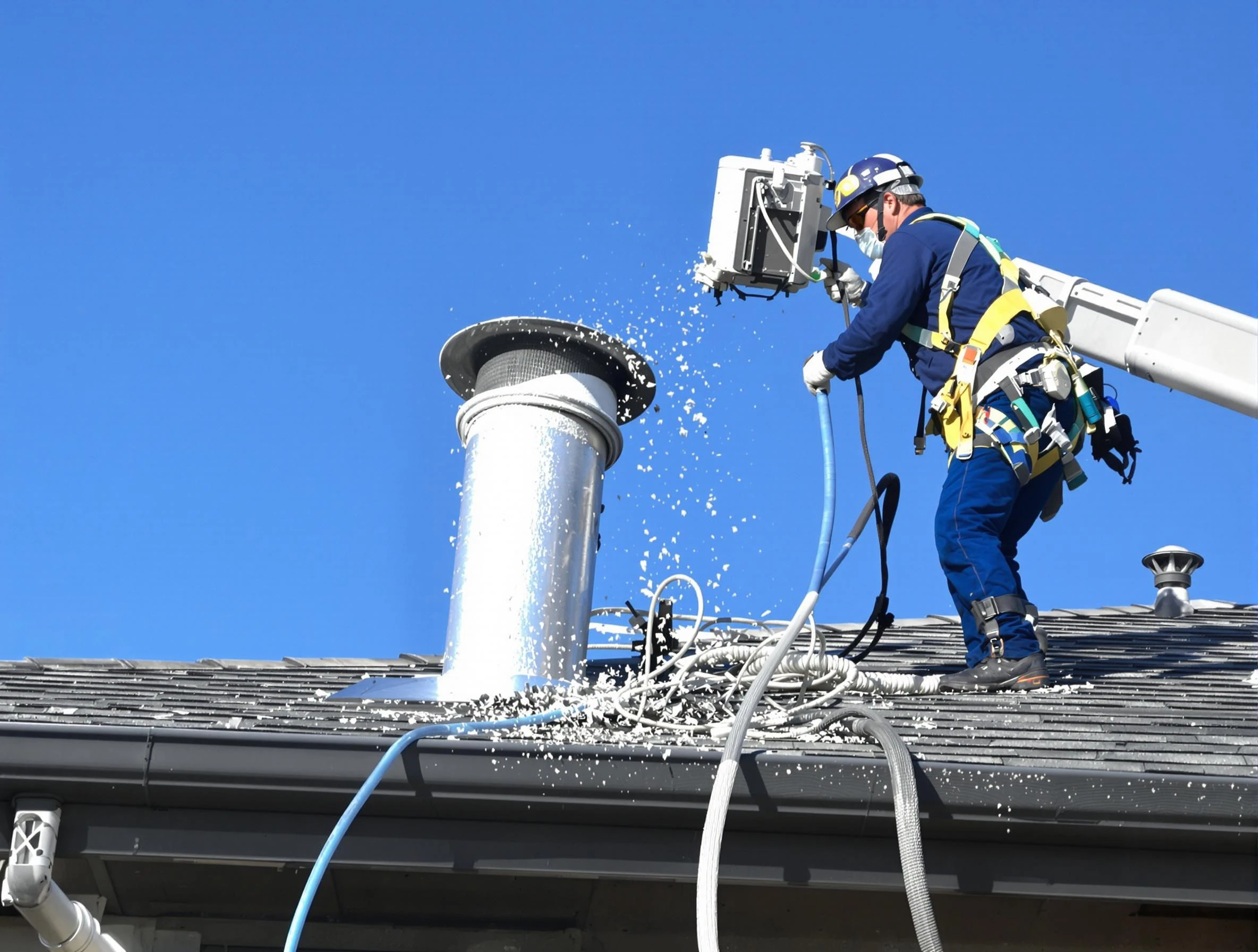 Pine Dryer Vent Cleaning certified technician safely cleaning a roof-mounted dryer vent in Pine